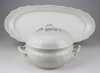 KPM porcelain cream baroque basketweave "Berling Blanc de Chine" covered tureen and fish platter 9" x 10", 9" x 21"