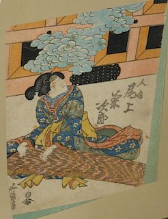 Japanese Edo Period Ukiyo-e woodblock print of corteasan playing koto Attr to Kunisada