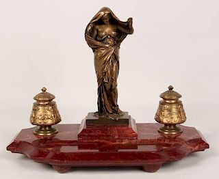 FRENCH BRONZE AND ROUGE MARBLE INKWELL