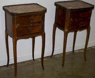 Pair of French pink marble top two drawer stands, marquetry, mts, galley tops, early 20th c. 16"w x 30"h x 12"d.