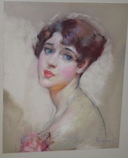 Portrait of a girl signed Andrei (Possibly Rene Jean Andrei) signed lower right pastel on paper circa 1920