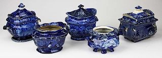 5 deep blue Staffordshire porcelain sugar  bowls-all w/damage, 2 missing lids