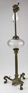 late 19th c brass based fluid lamp on claw feet, ht 19”, overall ht 31”