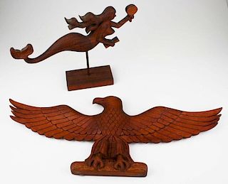 carved wooden eagle crest & mermaid weathervane, both by by Maurice Nottingham (b 1941- Halifax, Nova Scotia), lengths 24”, 1