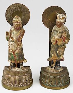 pr of 18th c Chinese Qian Long (1736-1796) carved wooden figures made into 20th c brass bookends, old paper label on reverse,