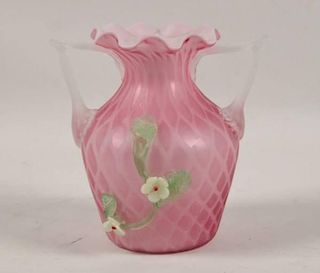 AMERICAN QUILTED SATIN GLASS VASE WITH APPLIED FLOWERS