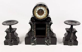 FRENCH VERDE MARBLE AND BLACK ONXY 3 PIECE CLOCK SET