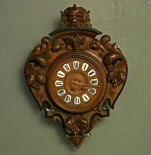 FRENCH CARVED WALNUT MANNERIST STYLE WALL CLOCK