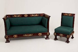 EMPIRE BRONZE MOUNTED MAHOGANY SETTEE AND CHAIR