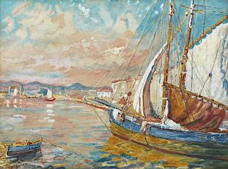 B.F. Guinn, "Harbor Scene with Sailboat," c. 1940,
