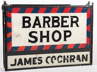 Double-Sided Hanging Zinc ñBarber Shopî Reverse Hand-Painted Lighted Glass Sign