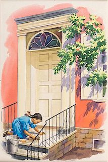 Young Girl on Knees Scrubbing Porch