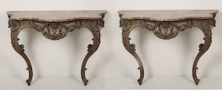 PAIR OF LOUIS XV STYLE CARVED MARBLE TOP CONSOLES