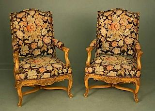 PAIR OF LOUIS XV STYLE PROVINCIAL CARVED FRUITWOOD FAUTEUILS