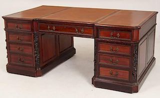 LARGE ENGLISH CHIPPENDALE STYLE CARVED MAHOGANY PEDESTAL DESK
