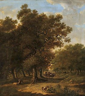 Hendrik Barend Koekkoek (Dutch, 1849-1909)      Wooded Landscape with Horse Cart and Livestock