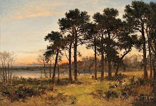 Benjamin Williams Leader (British, 1831-1923)      Figures in a Landscape at Sunset
