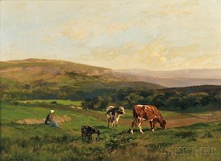 Clément (Charles-Henri) Quinton (French, 1851-1921)      Rural France  /Pasture View with Shepherdess and Livestock