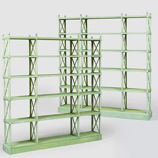 Pair of Regency Style Six Tier Green Painted Bookcases