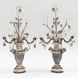 Pair of French Silvered-Metal-Mounted Molded and Cut-Glass Four-Light Candelabra, Attributed to BaguÃ¨s