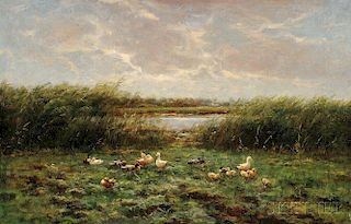 Constant David Ludovic Artz (Dutch, 1870-1951)      Ducks and Ducklings at the Water's Edge