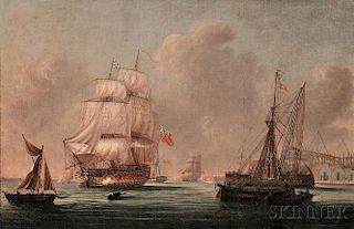 School of Thomas Whitcombe (British, 1763-1824)      War Ship at Port (Possibly Southampton)