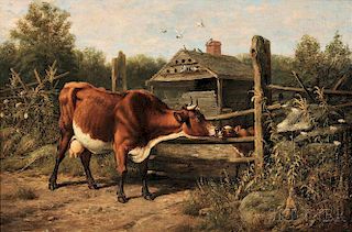 Arthur Fitzwilliam Tait (American, 1819-1905)      Cow and Calf Before a Dovecoat