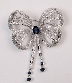 18K WHITE GOLD DIAMOND AND SAPPHIRE BROOCH