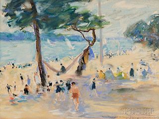 Paul Paeschke (German, 1875-1943)      Sunny Beach with Figures and Sailboats