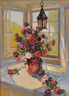 Otto Bierhals (American, 1879-1944)      Floral Still Life in a Sunny Window
