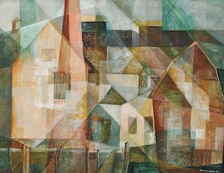 Ethel Polacheck Margolies (American, b. 1907)      Cubist Landscape with Houses