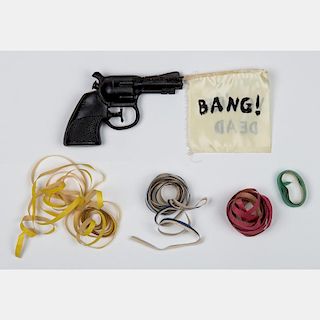 Karen Kilimnik (b. 1955) Bang You're Dead, Gun with Flag and Streamers, 1991, Plastic gun, paper streamers, satin flag and oil paint installation.