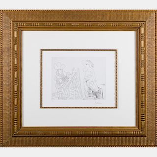 Pablo Picasso (1881-1973) Peintre et Modele qui se Cache le Visage, Etching on wove BFK Rives paper,