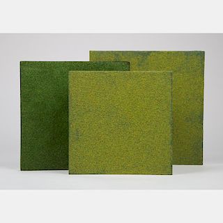 William Radawec (1952-2011) Three Artworks from the 'Soul Patch' Series, Fake grass and acrylic, one on wood and two on canvas.