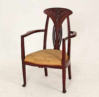 AMERICAN ART NOVEAU STYLE CARVED MAHOGANY ARM CHAIR