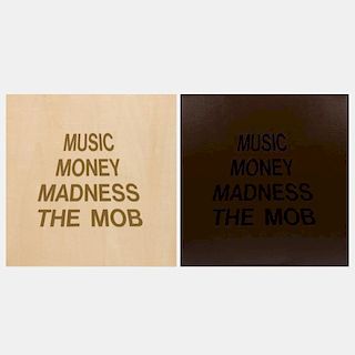 William Radawec (1952-2011) Two Artworks from the 'Mob Series', One vinyl lettering on wood and one vinyl lettering on paper,