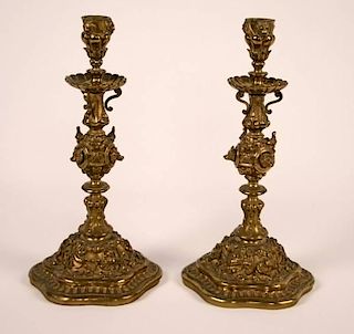 PAIR OF FRENCH BRONZE EMBOSSED CANDLESTICKS