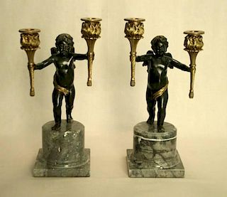 PAIR OF FRENCH STYLE BRONZE AND MARBLE CANDELABRA