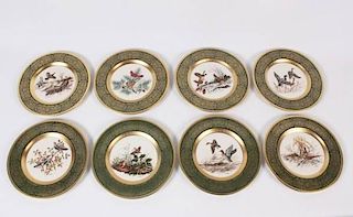 SET OF 8 GREEN AND GOLD BAND WILDLIFE PLATES