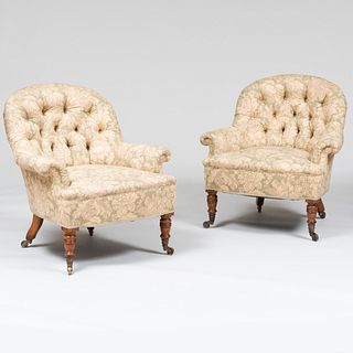 Pair of Victorian Style Tufted Green and Cream Floral Upholstered Chairs