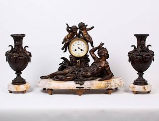 FRENCH 3 PIECE PATINATED METAL AND MARBLE CLOCK SET