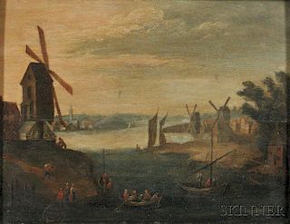 Attributed to Eduard Dubois (Flemish, 1619-1697)      Coastal View with Windmills and Vessels