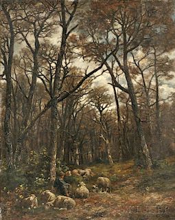 Charles Émile Jacque (French, 1813-1894)      Shepherd and Flock in a Forest Glade