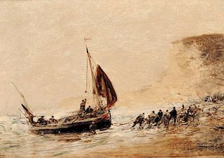 Félix Ziem (French, 1821-1911)      Hauling a Fishing Boat onto the Beach