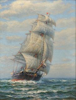 James Gale Tyler (American, 1855-1931)      Full-rigged Ship Under Sail in Open Seas