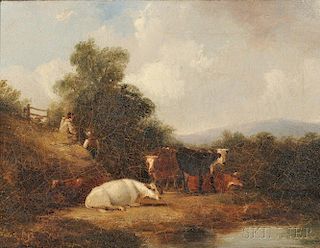 American School, 19th Century      Landscape with Cows and Two Figures