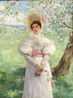 George Henry Boughton (American, 1833-1905)      Young Woman in White Beneath Flowering Branches