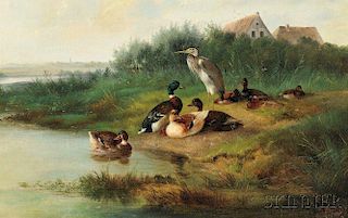 Arthur Fitzwilliam Tait (American, 1819-1905)      Heron Among Eight Ducks at the Edge of a Pond