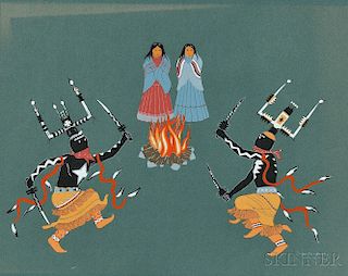 Allan Houser (American, 1914-1994)    Apache Gaan Dancing Figures Around a Fire