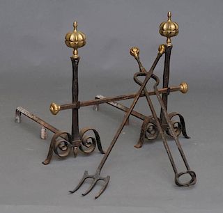 Wrought Iron & Brass Fireplace Andirons and Tools